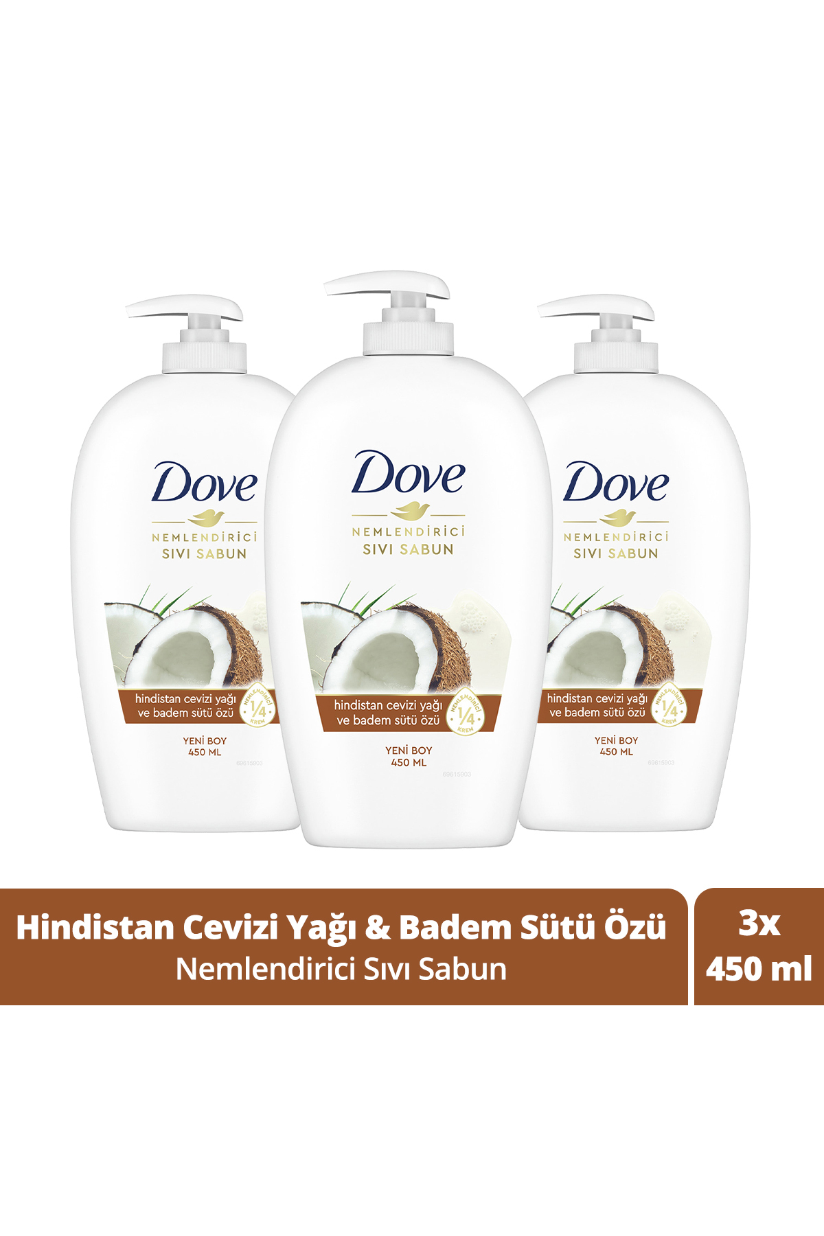 Dove Nemlendirici Sıvı Sabun Hindistan Cevizi Yağı ve Badem Sütü Özü 450 ml x3 Adet