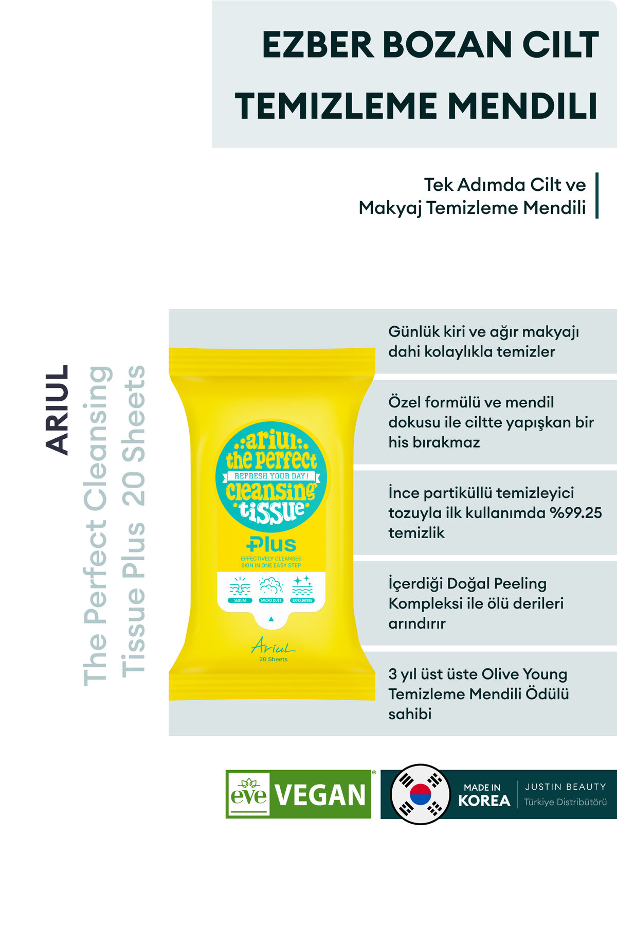 Ariul The Perfect Cleansing Tissue Plus 20 Adet - Tek Adımda Cilt ve Makyaj Temizleme Mendili