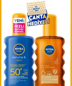 NIVEA SUN SPF50+ Güneş Koruyucu Vücut Spreyi 200ml ve Bronzlaştırıcı Güneş Yağı Seti, Plaj Çantası Hediye