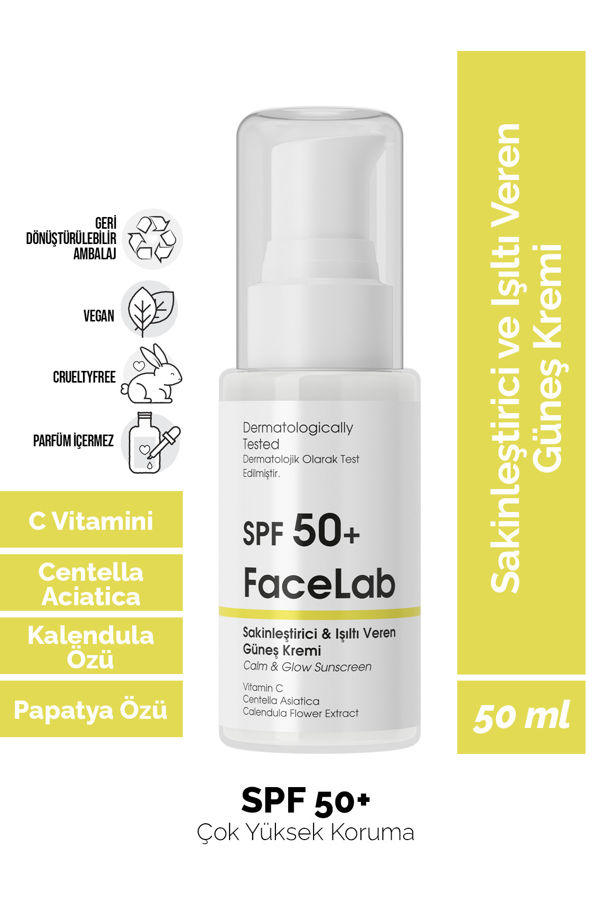 FaceLab SPF 50+ C Vitamini & Centella Güneş Kremi – Sakinleştirici & Işıltı Verici Formül
