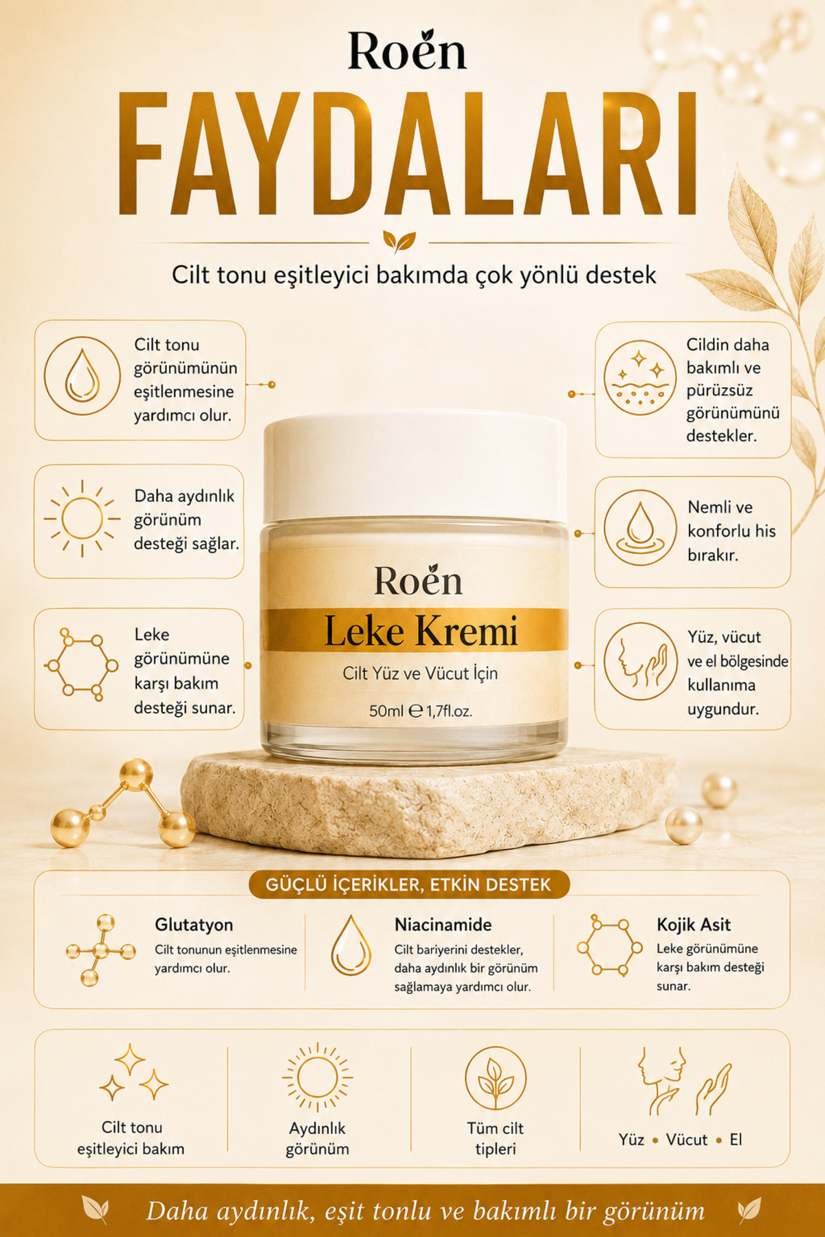 Roen Cilt Beyazlatıcı, Leke Kremi, Kararma, Akne, Güneş Lekeleri, Glutatyonlu Beyazlatıcı Leke Krem 50ml - Görsel 3