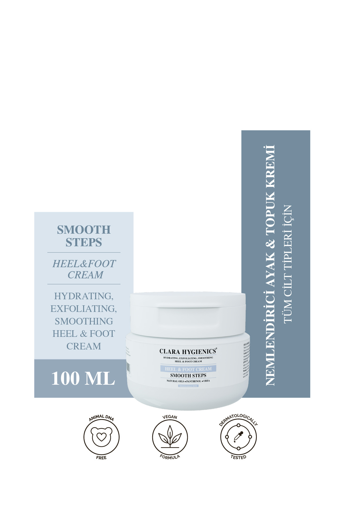 Clara Hygienics Smooth Steps Topuk Çatlak ve Ayak Bakım Kremi 100ml - Onarıcı Nasır Giderici Besleyici Vegan