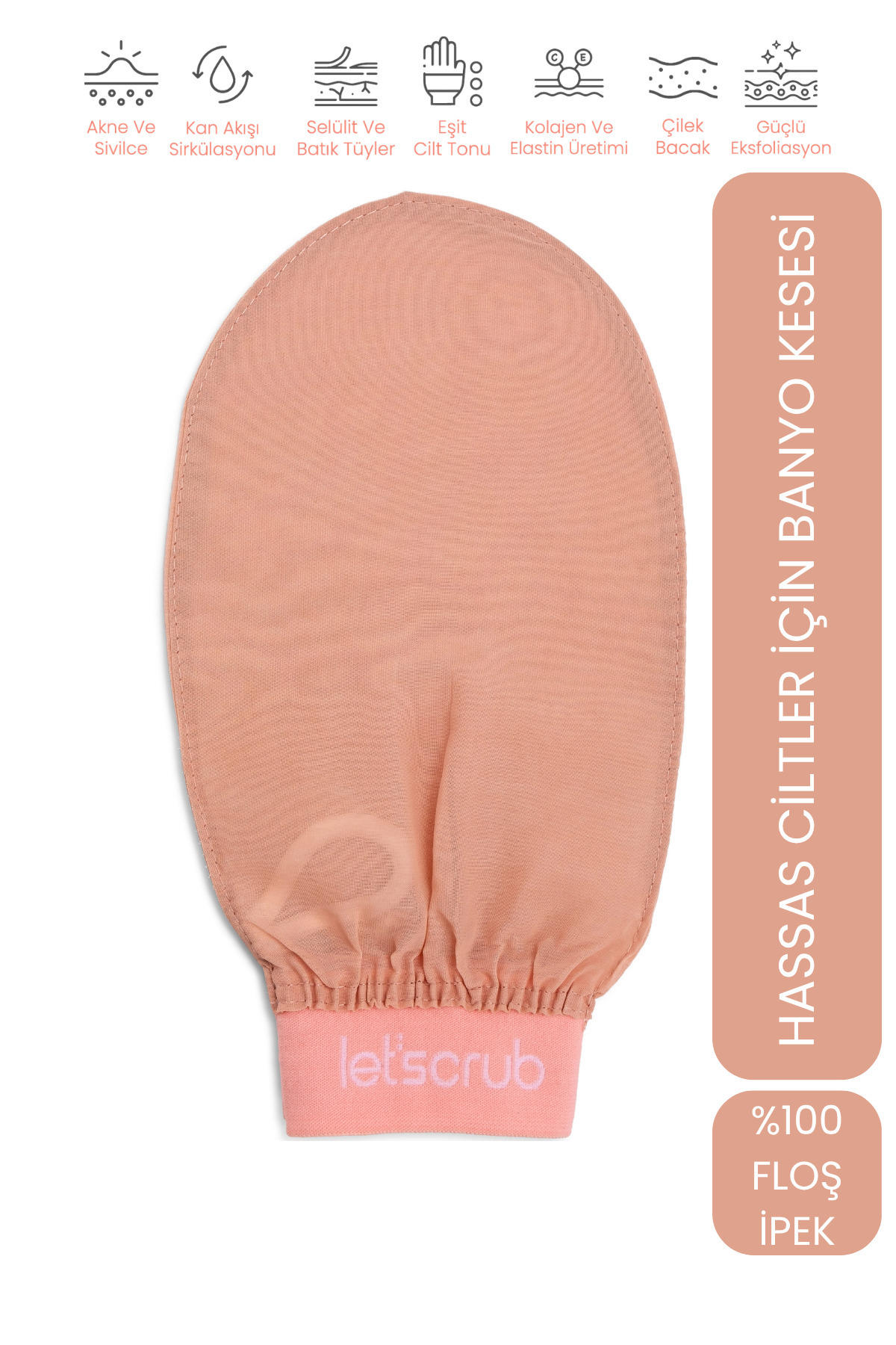 LET'SCRUB Bej Lastikli Banyo Duş Kesesi Peeling Eldiveni 0 Floş Ipek Hassas Ciltler Için 1 Adet