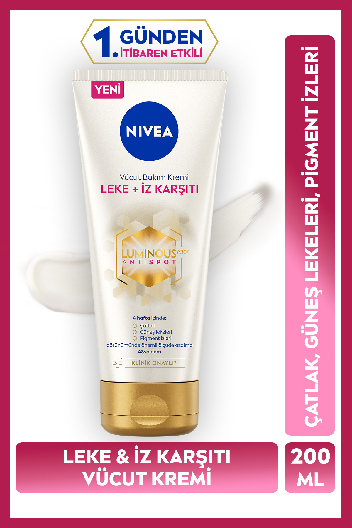 NIVEA Luminous630 Leke Ve İz Karşıtı Vücut Bakım Kremi 200ml, Güneş Lekesi ve Çatlak Karşıtı, Nemlendirici