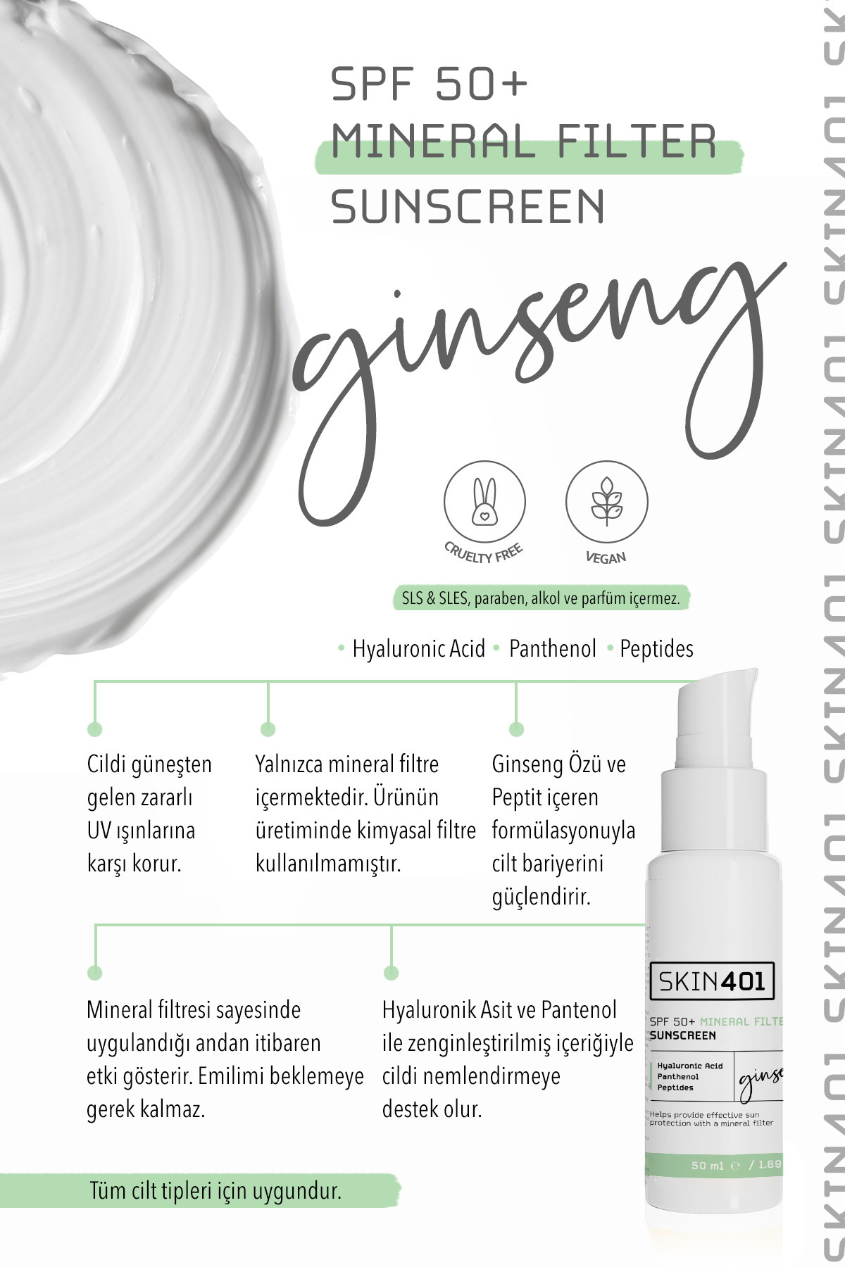 Skin401 Spf50 Mineral Filtre Güneş Kremi 50 ml - Görsel 3
