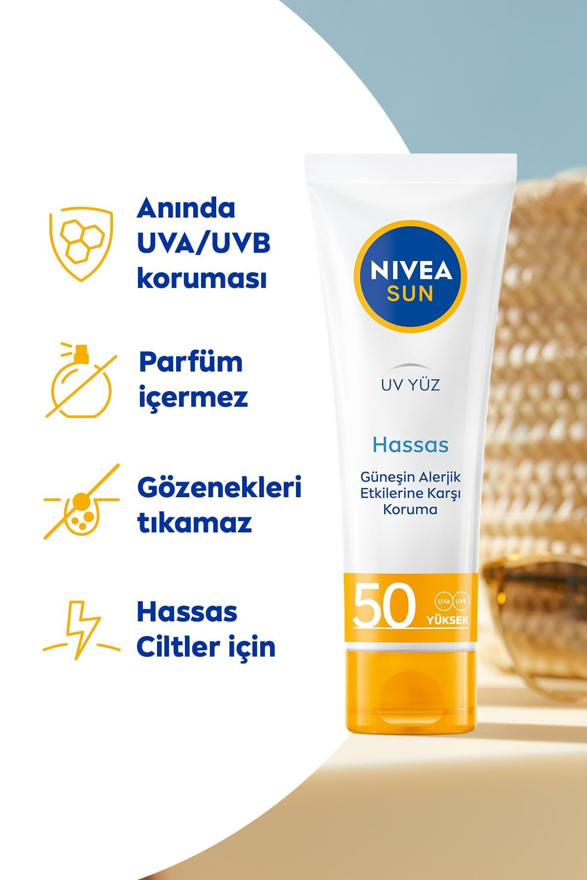 NIVEA SUN SPF50 Hassas Yüz Güneş Bakım Kremi 50ml, Hassas Alerjik Cilt, UVA UVB Güneş Koruma, Nemlendirici - Görsel 3