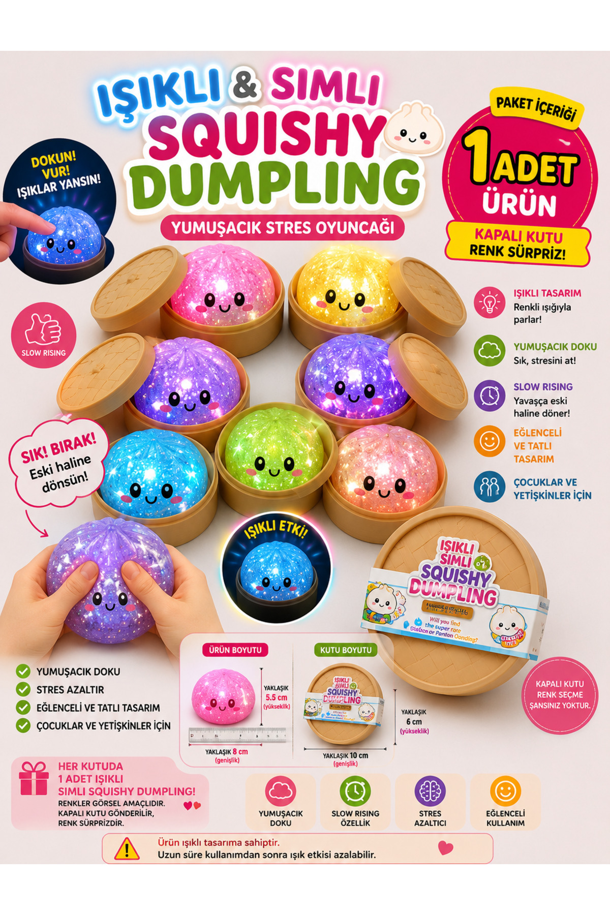 ZİVENTA 1 Adet Büyük Boy Işıklı Light Glitter Simli Dumpling Slow Rising Stres Oyuncağı Squishy Yumuşacık Kawaii Sıkılabilir Oyuncak Blind Box Kapalı Kutu Çin Mantısı Mystery Sukuşi