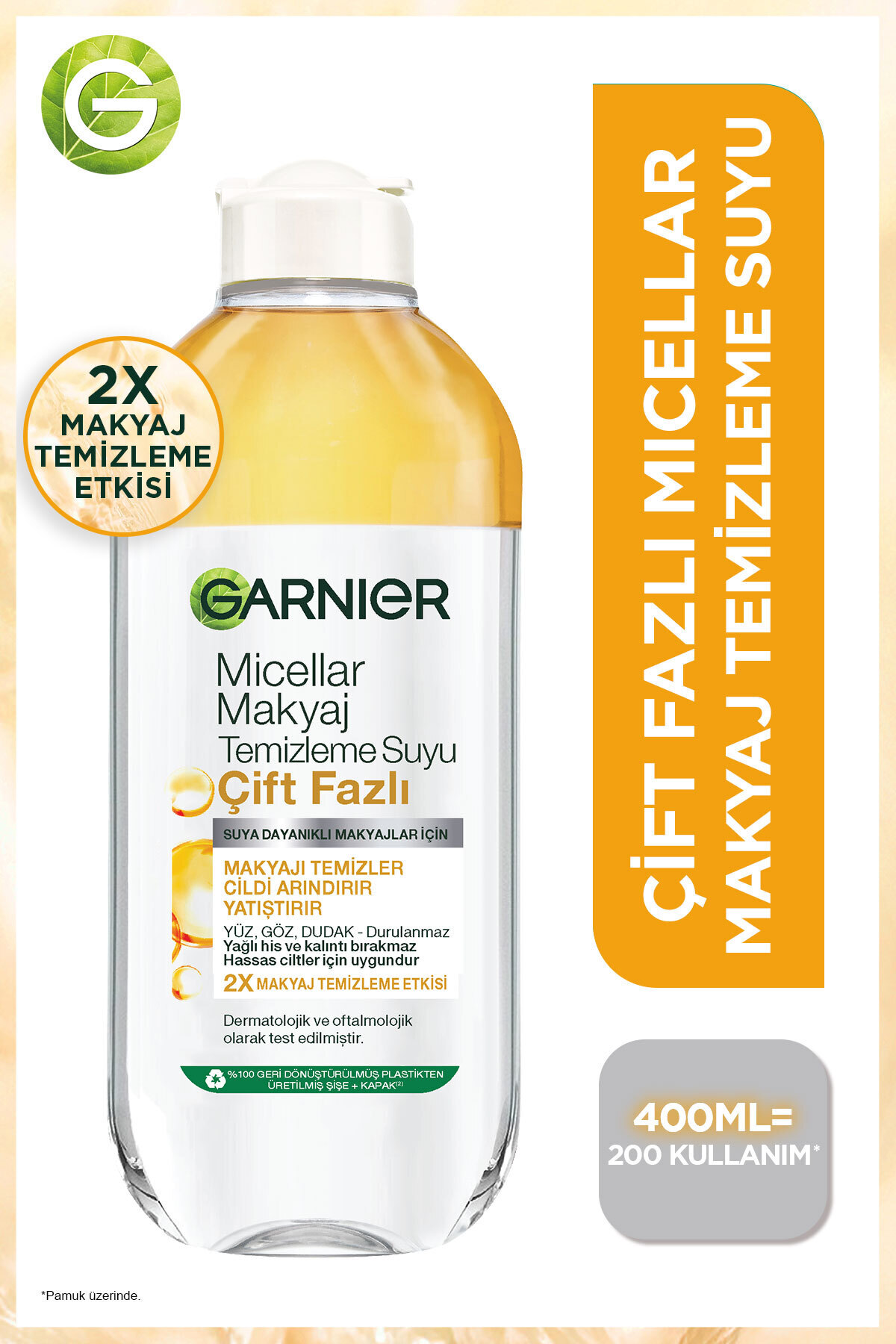 Garnier Çift Fazlı Micellar Kusursuz Makyaj Temizleme Suyu 400 ml, Suya Dayanıklı Makyajlar