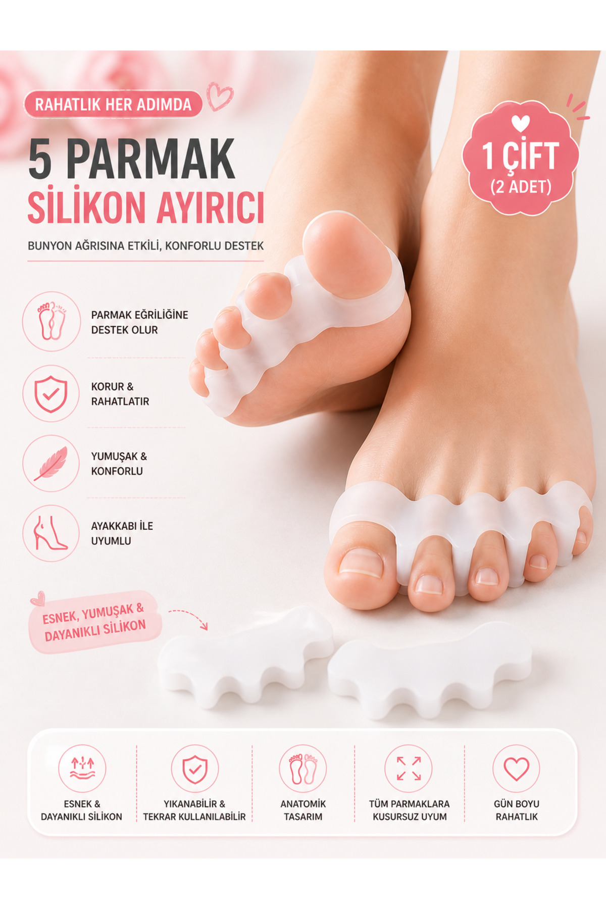 optana Makara Ayak 5 Parmak Ayıran Silikon Bunyon Koruyucu Parmak Ayırıcı Gece Ateli Halluks Valgus