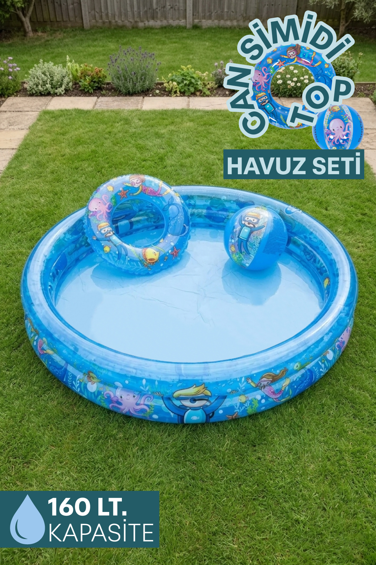 Smartfox Şişme Çocuk Havuzu 120x20 cm 160 LT + Simit ve Top Dahil