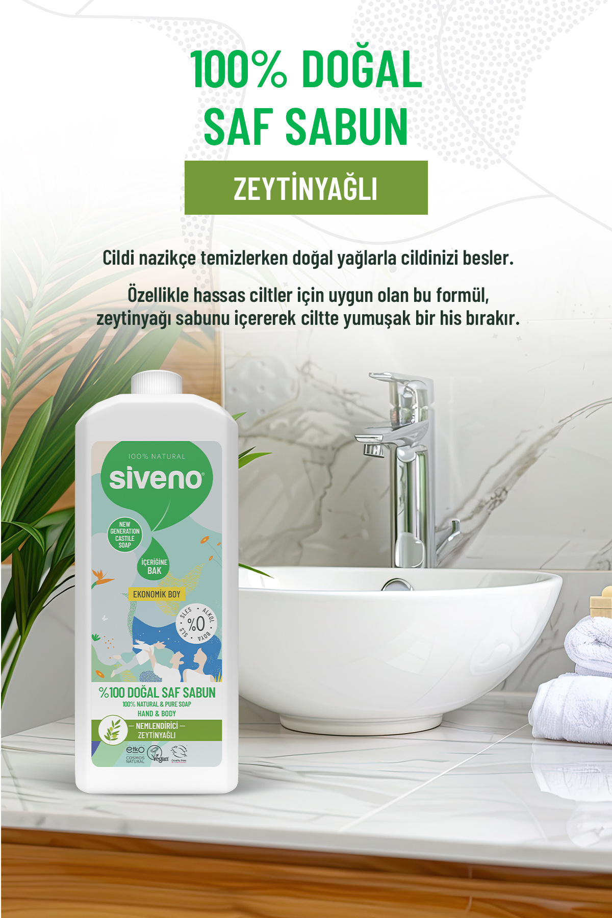 Siveno 0 Doğal Sıvı Kastil Sabun Zeytinyağlı Yoğun Nemlendirici Arındırıcı Bitkisel Vegan 1000 ml - Görsel 3
