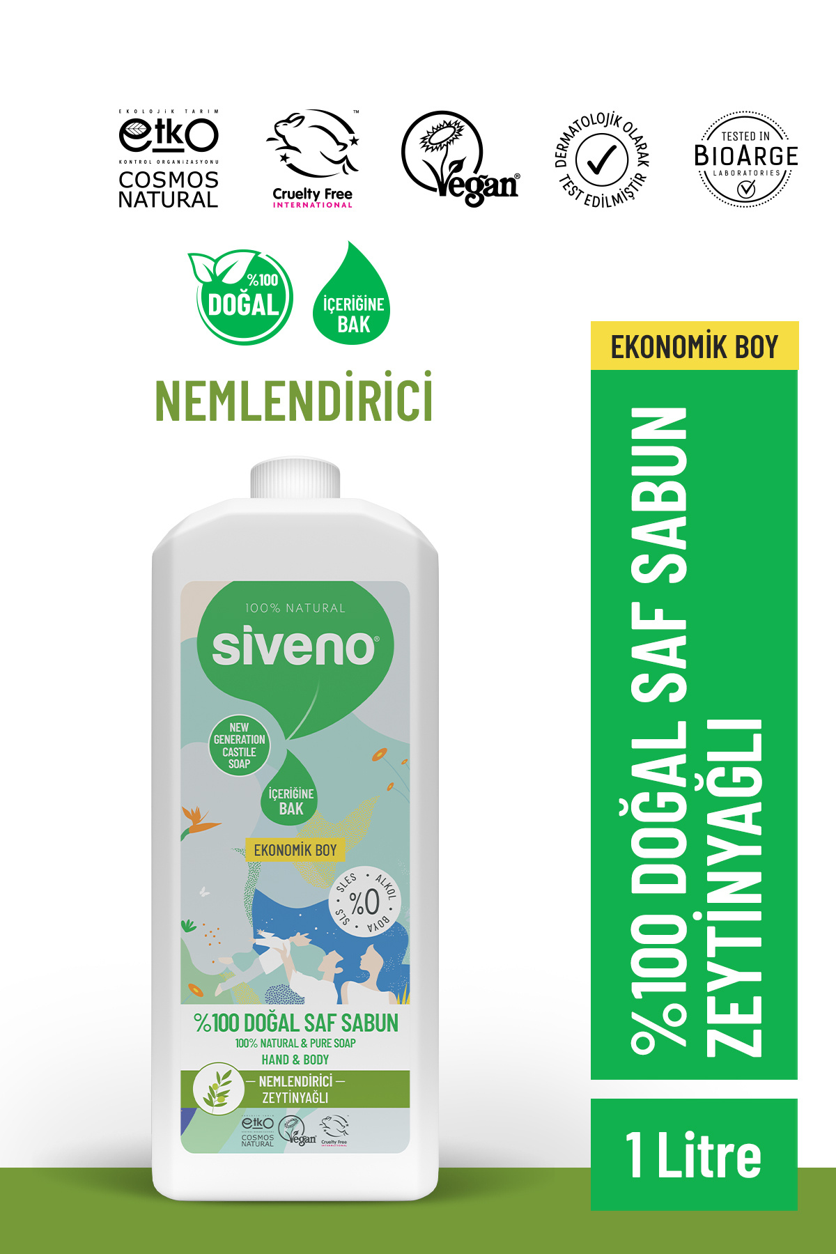 Siveno 0 Doğal Sıvı Kastil Sabun Zeytinyağlı Yoğun Nemlendirici Arındırıcı Bitkisel Vegan 1000 ml