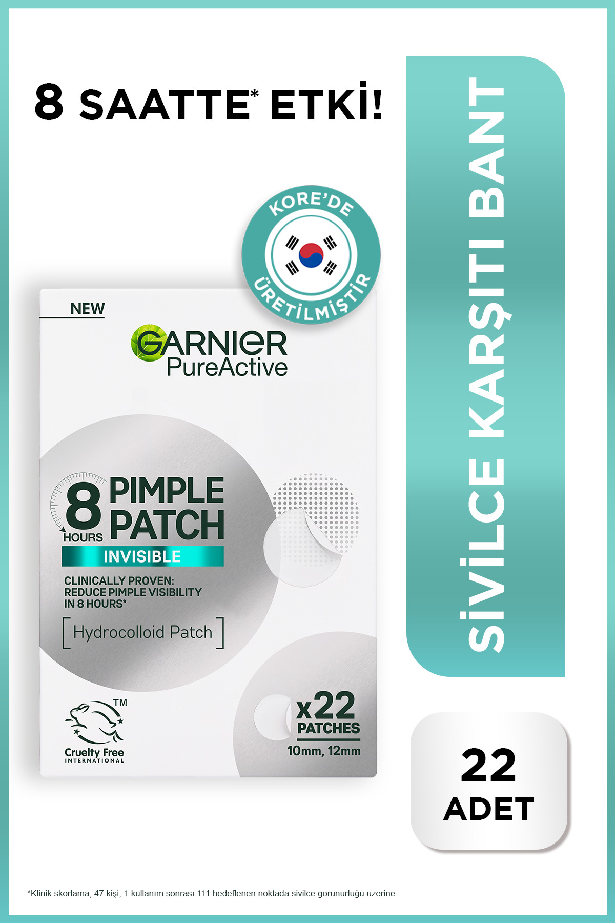 Garnier Pimple Patch 22'li Sivilce Bandı, Hidrokolloid Bant, 8 Saatte Hızlı Etki, Görünmez Akne Karşıtı Bant
