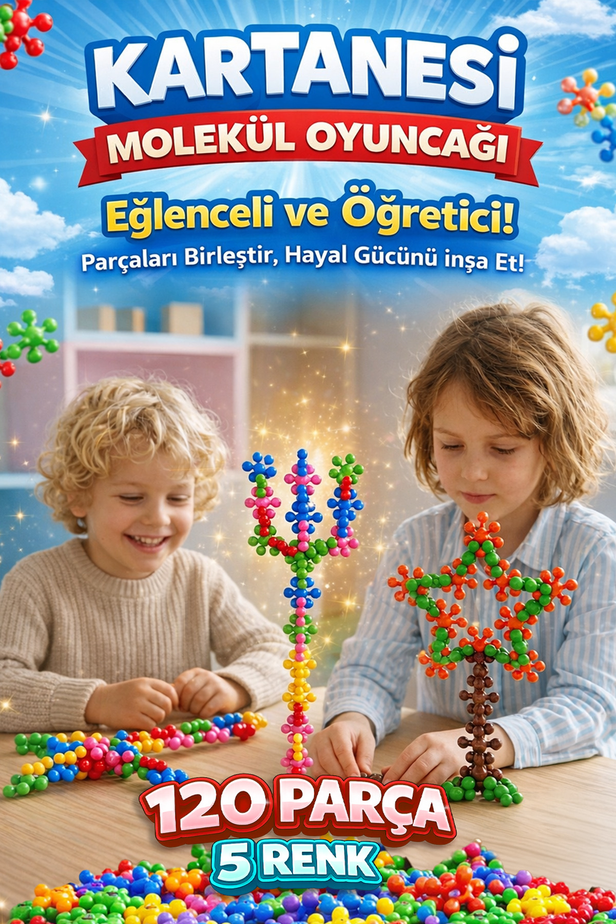 M&H Kar Tanesi Eğitici Molekül Stem Eğitimi Uyumlu 5 Renk 120 Parça Eğitici Oyuncak