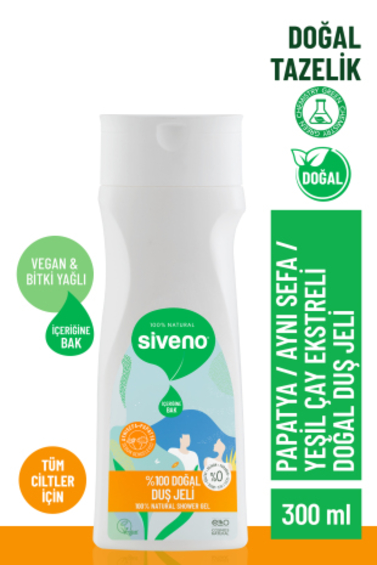 Siveno 0 Doğal Duş Jeli Sebum Dengeleyici Rahatlatıcı Aynısefa Papatya Yeşilçay Vegan 300 ml