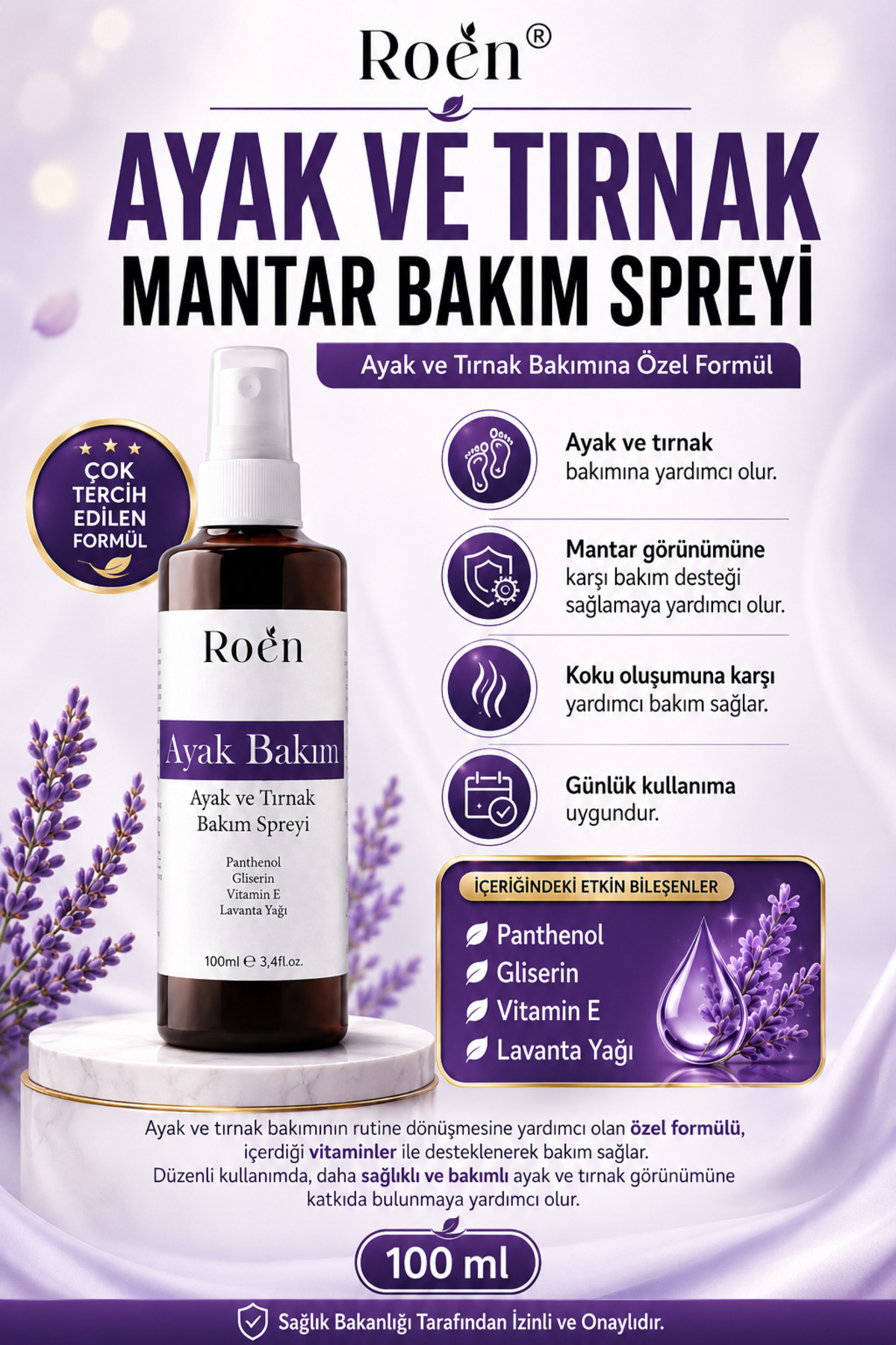 Roen Ayak Ve Tırnak Mantarı, Kötü Koku ve Mantar Bakım Spreyi Panthenol Ve Vitamin Destekli 100 ml