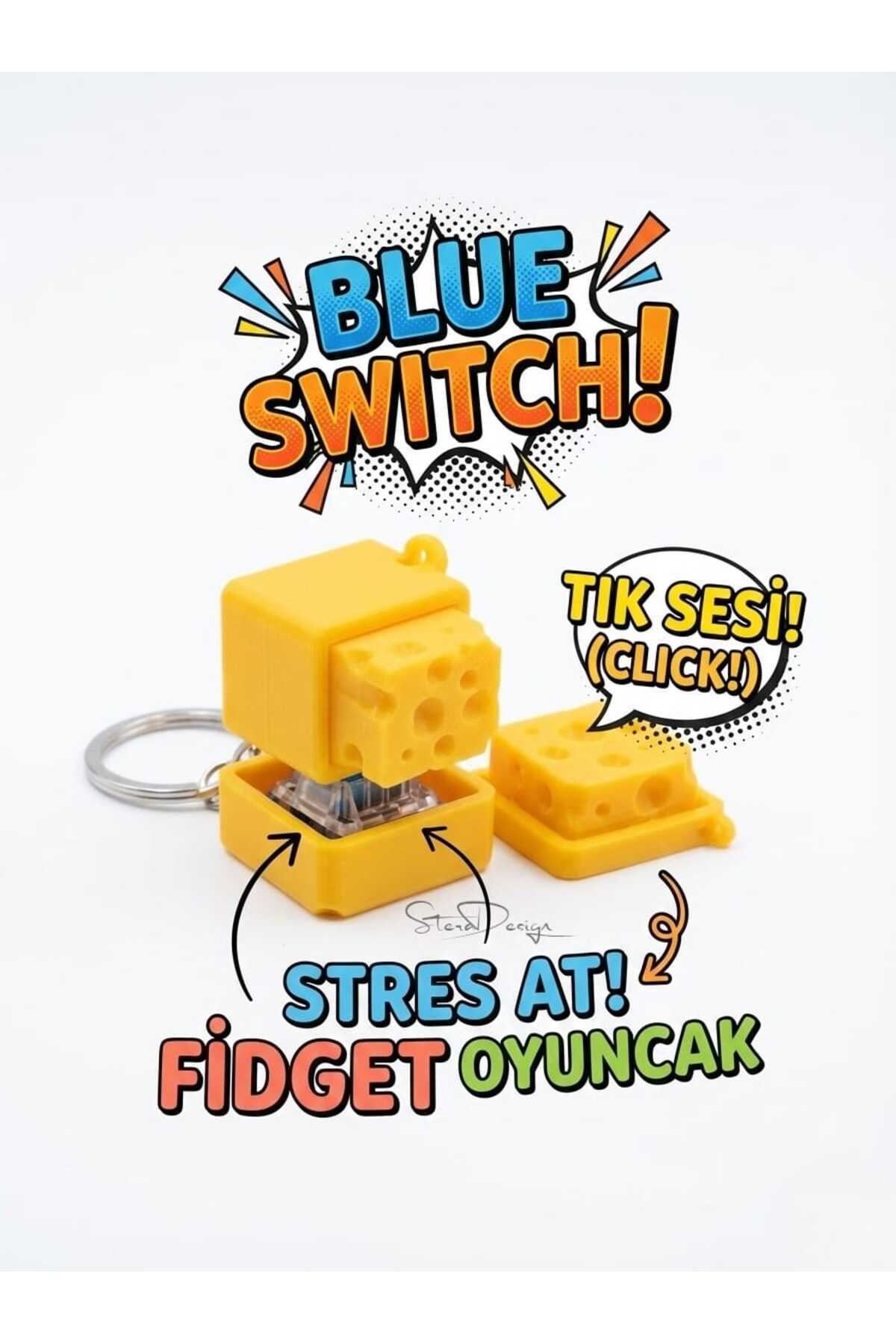 SteraDesign Peynir Tasarımlı Mekanik Klavye Blue Switch Anahtarlık Hediyelik - Sesli Stres Oyuncağı (Fidget Toy)