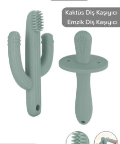 Meleni Baby 2'li Bebek Diş Kaşıyıcı Seti - Silikon Diş Kaşıma Emziği, Kaktüs Silikon Diş Kaşıyıcı - Yeşil