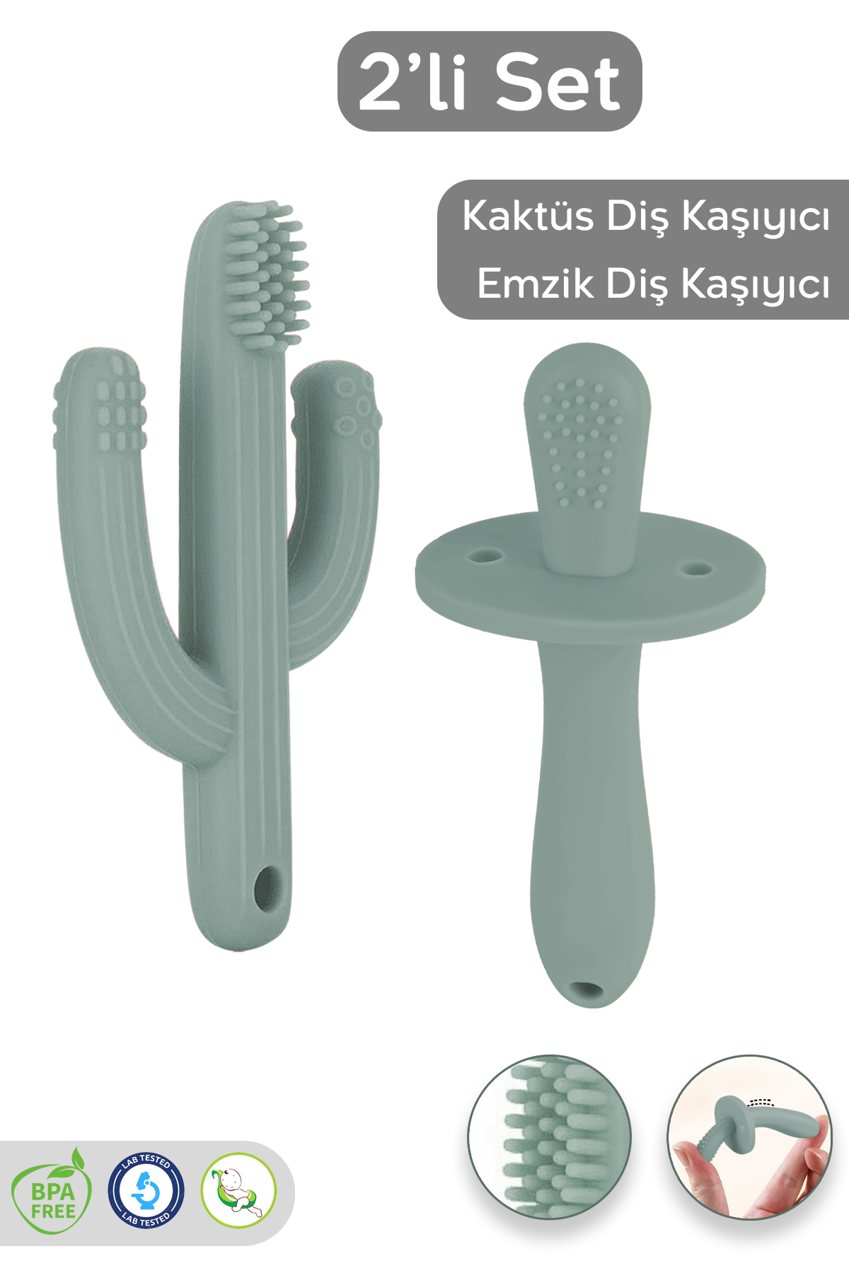 Meleni Baby 2'li Bebek Diş Kaşıyıcı Seti - Silikon Diş Kaşıma Emziği, Kaktüs Silikon Diş Kaşıyıcı - Yeşil