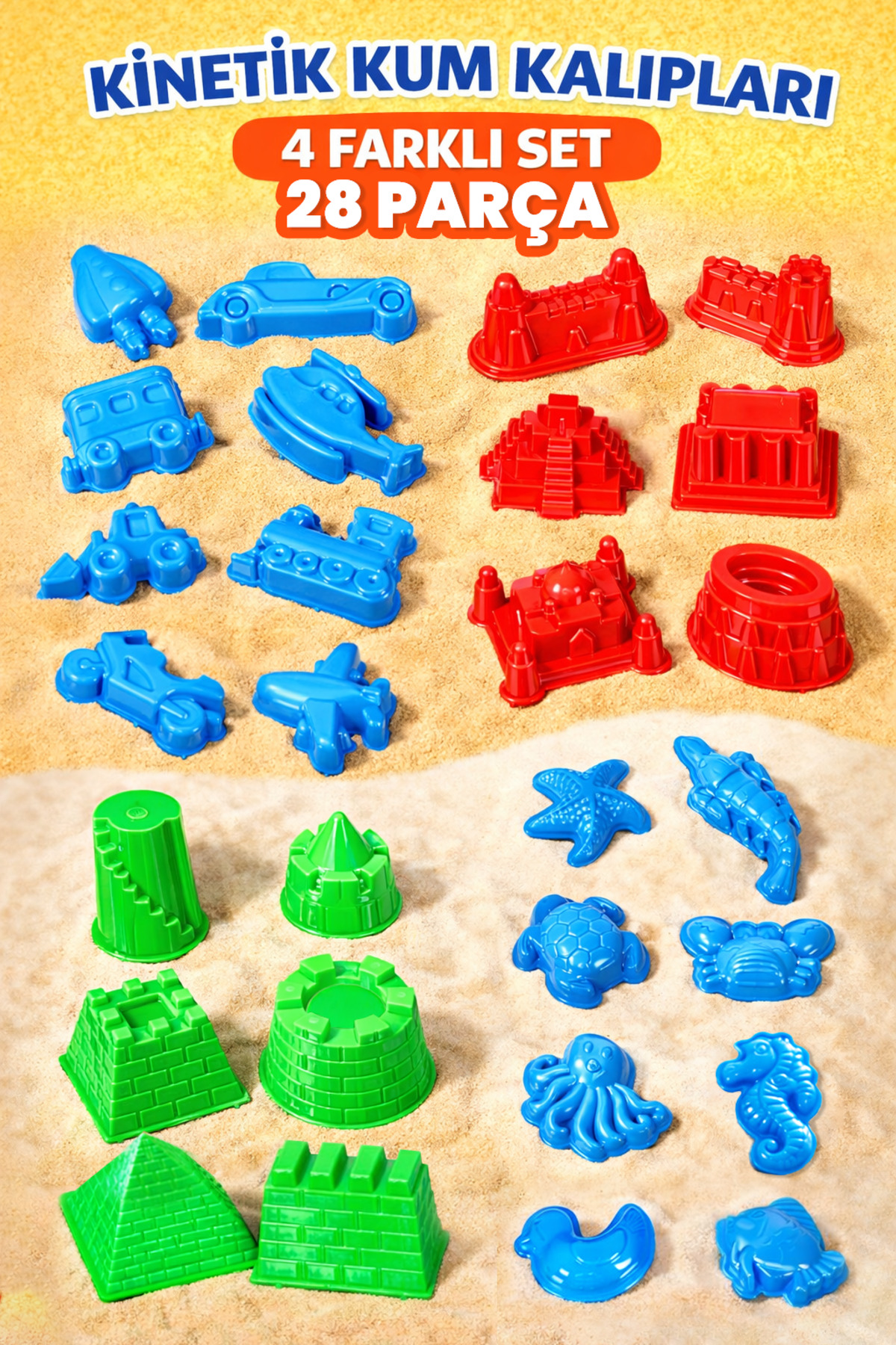 Kinetic Sand 28 Parça Kinetik Kum Kalıbı - 4 Farklı Set, Kale, Araç, Tarihi, Denizhayvanları Kalıbı