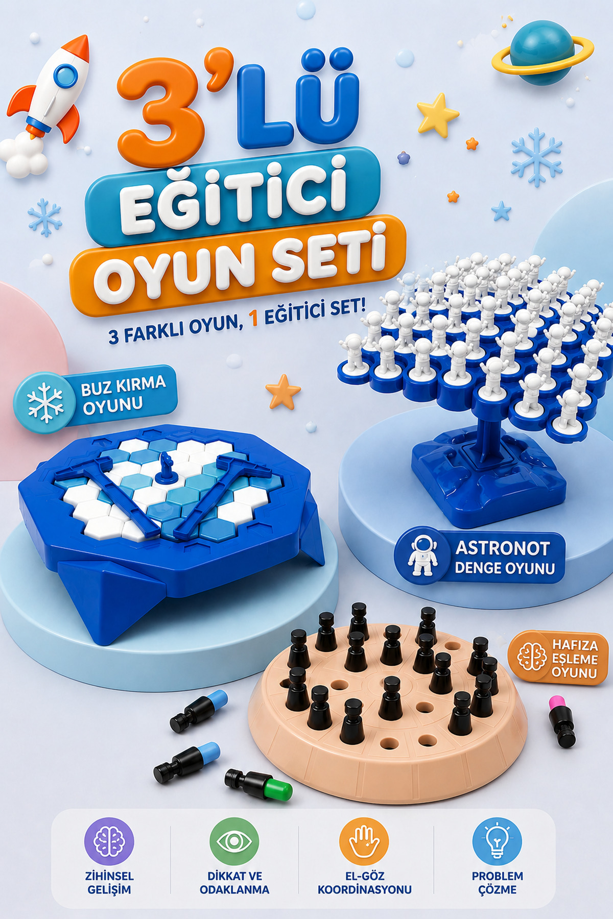 M&H 3'lü Oyun Seti - Buz Krallığı - Astronot Denge Oyunu - Hafıza Eşleme Oyunu - Eğitici ve Öğretici Oyun Seti