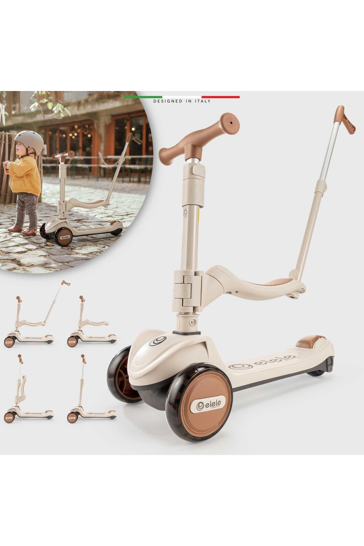Elele Forte 3in1 Ebeveyn Kontrollü 3 Tekerlekli Çocuk Scooter Işıklı Oturaklı Kahverengi