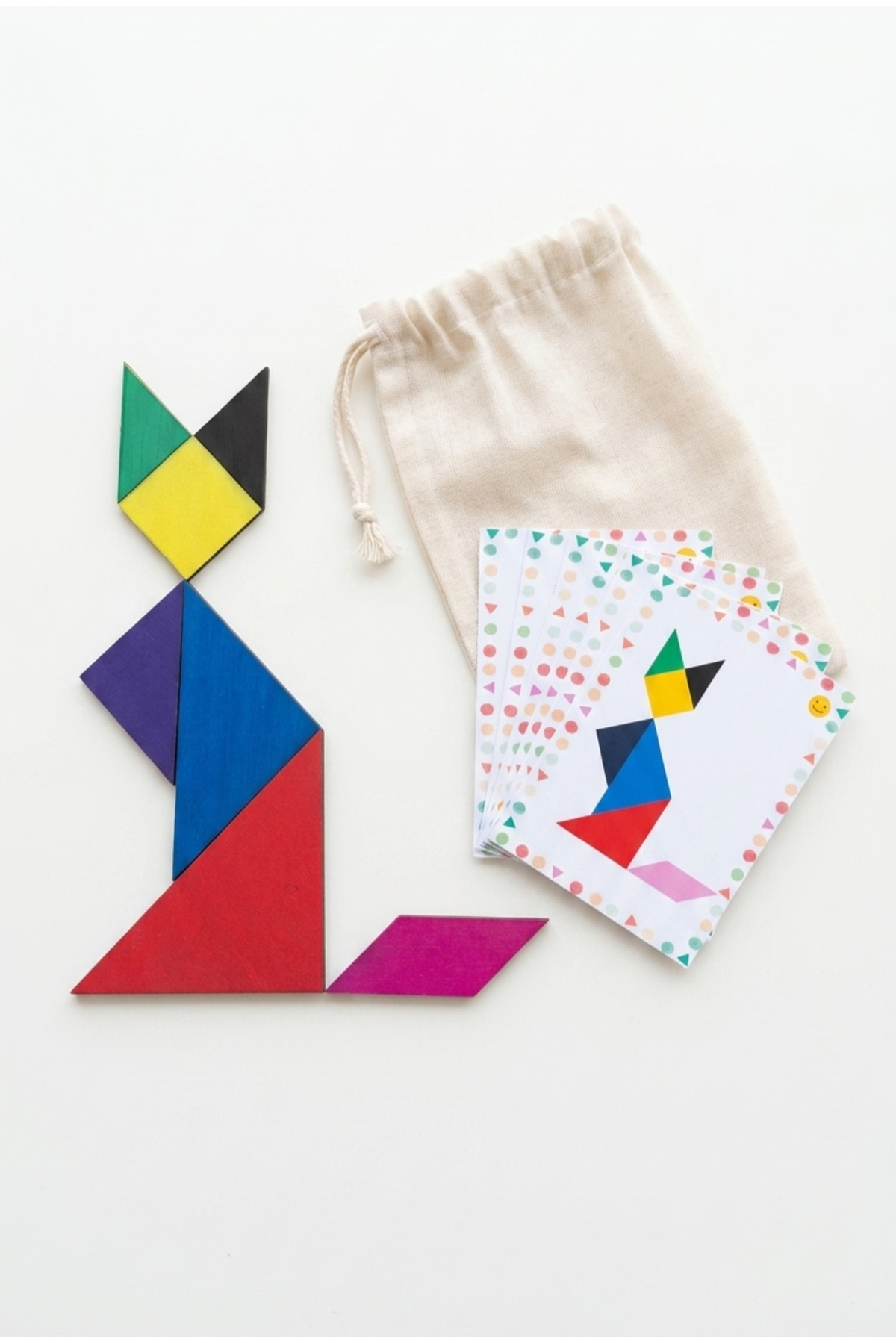 Sapphireworks Eğitici Ahşap Tangram Seti – 24 Desen Kartı + Ham Bez Taşıma Kesesi