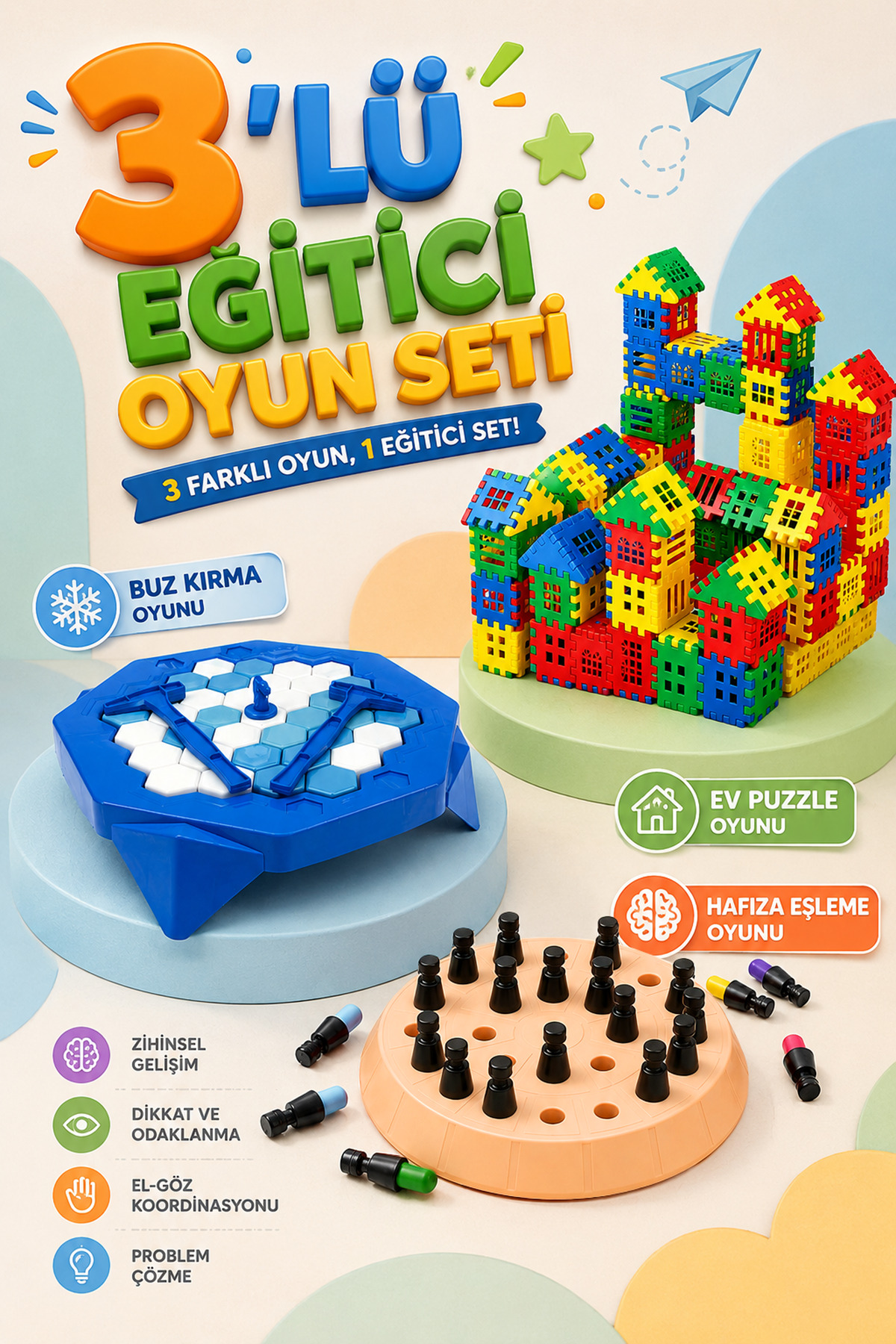 M&H 3'lü Oyun Seti - Buz Krallığı - Ev Puzzle Oyunu - Hafıza Eşleme Oyunu - Eğitici ve Öğretici Oyun Seti