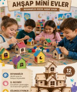 kutuTR 12’li Ahşap Mini Evler Boyanabilir MDF Hobi ve Etkinlik Seti Çocuk El Beceri Oyuncağı Maket Ev - Görsel 2