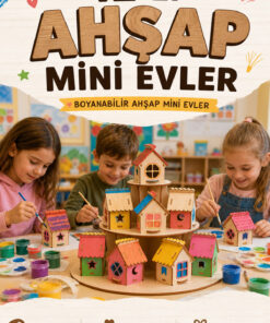 kutuTR 12’li Ahşap Mini Evler Boyanabilir MDF Hobi ve Etkinlik Seti Çocuk El Beceri Oyuncağı Maket Ev