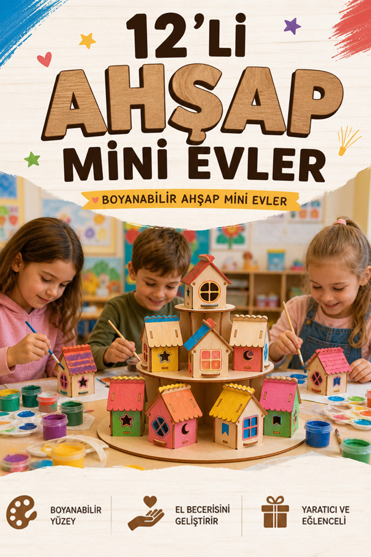 kutuTR 12’li Ahşap Mini Evler Boyanabilir MDF Hobi ve Etkinlik Seti Çocuk El Beceri Oyuncağı Maket Ev