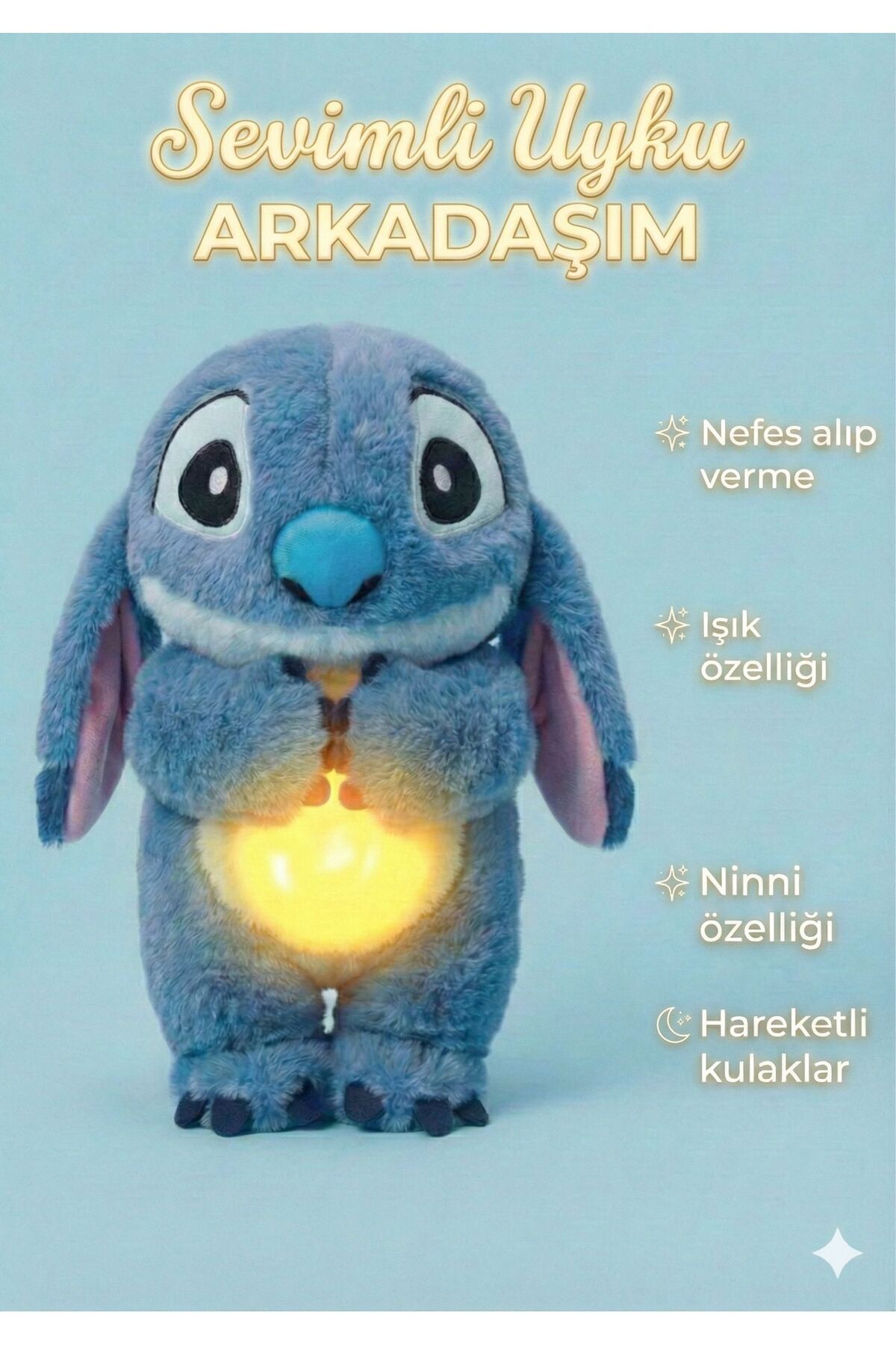 ZİVENTA 30Cm Nefes Alan Uyku Arkadaşı Sesli Işıklı Kulakları Hareketli Yumuşacık Peluş Sevgili Hediye