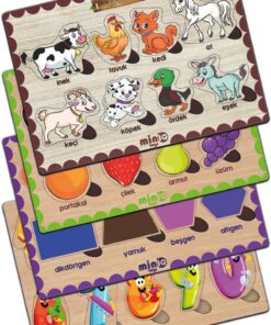 minİQ toys Ahşap Türkçe Ciftlik Hayv.+meyveler-sekiller-sayilar 4’lü Set Eğitici-öğretici Yapboz