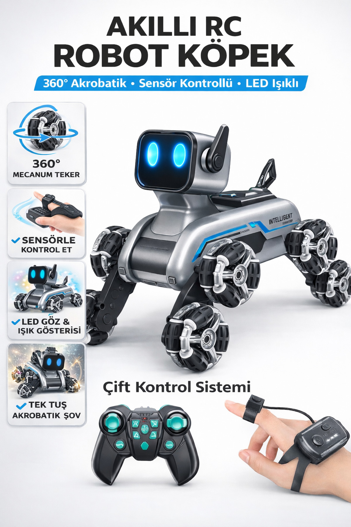 YILDIRIM OYUNCAK Uzaktan Bilekten Kumandalı Şarjlı 8 Teker Akrobat Robot Köpek Müzikli ve Led Işık 25 cm Köpek Araba