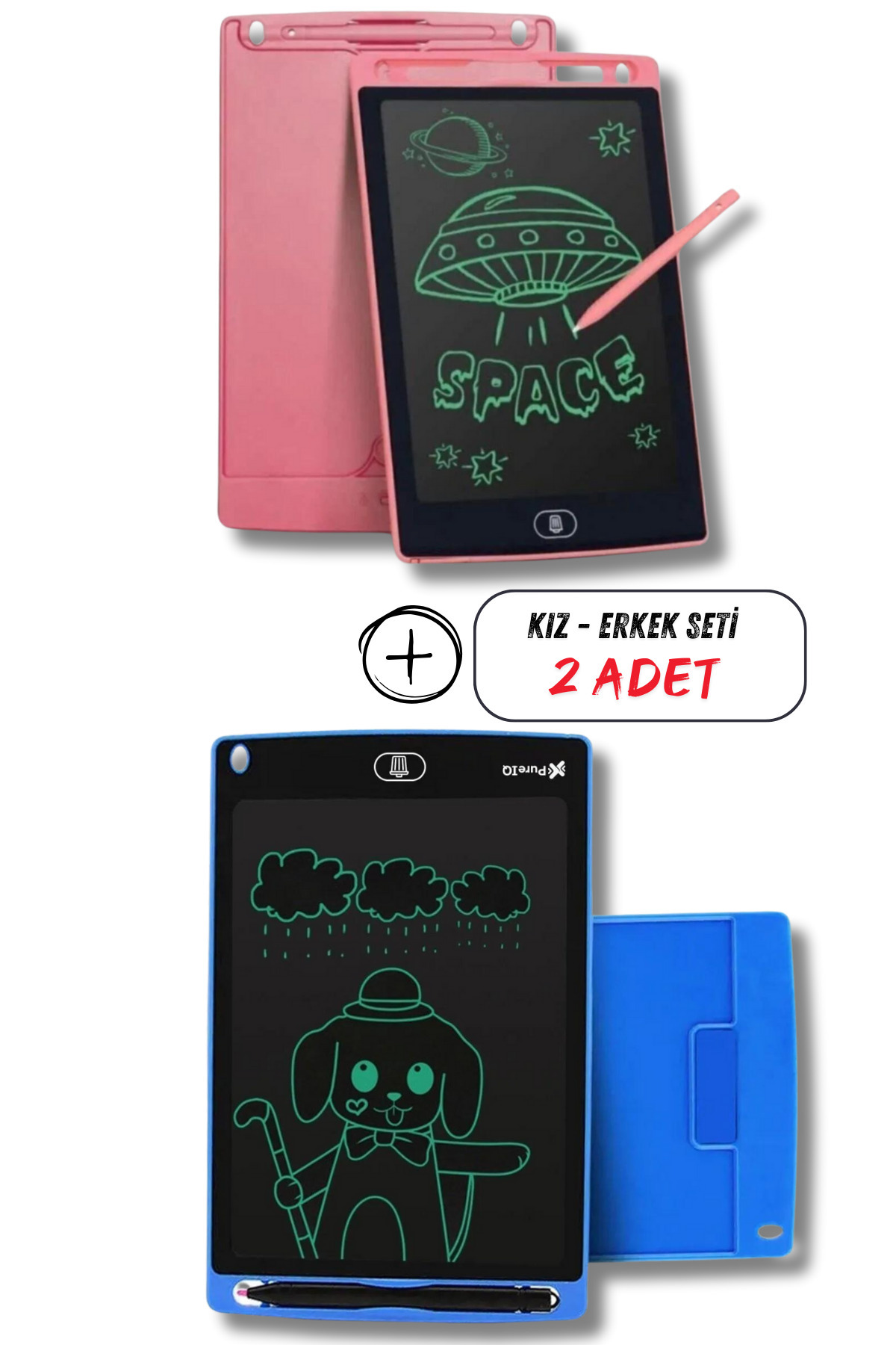 Pure IQ Kız Çocuk Pembe Tablet + Erkek Çocuk Mavi Tablet 2 ADET Digital Çocuk Yazı Çizim Tableti Lcd 8.5 Inc
