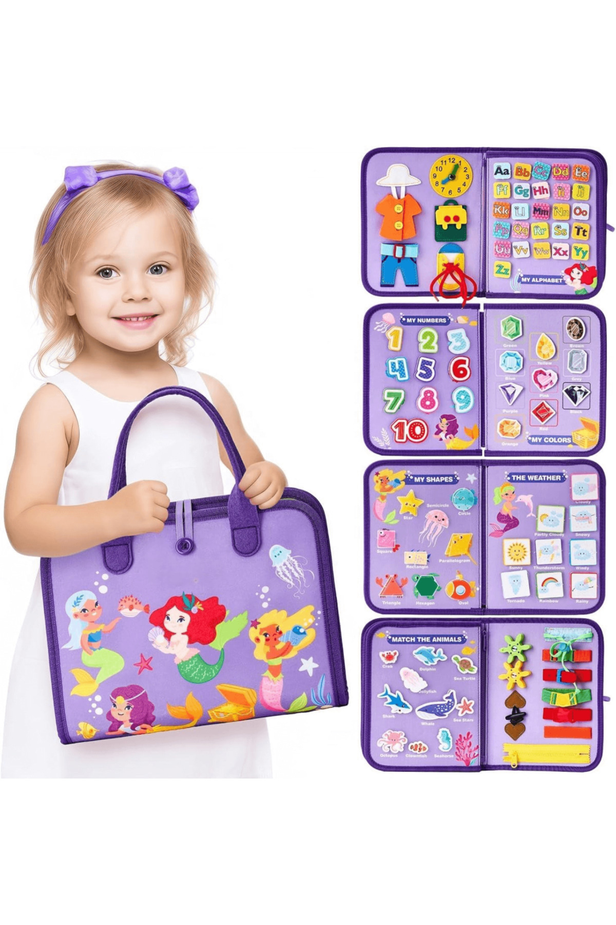 robokids Montessori Keçe Aktivite Çantası | Busy Book | 8’i 1 Arada | Mor Denizkızı