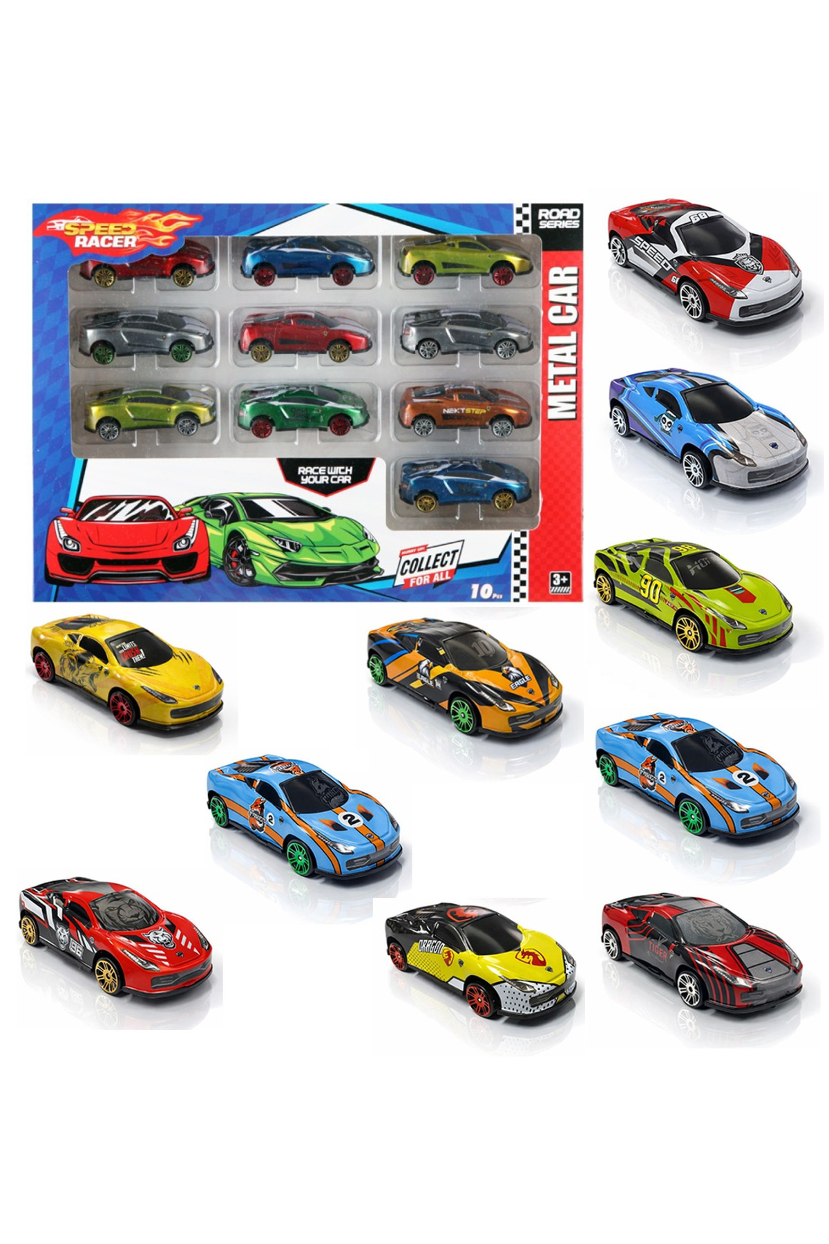 Toysan 10lu Speed Racer Metal Araba 10 Adet Metal Yarış Arabası