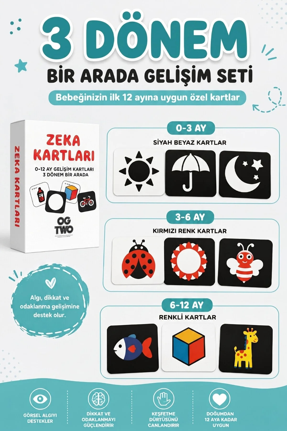 OGTWO 3 Dönem Bir Arada Bebeğimin İlk Zeka Kartları 0-12 Ay Yenidoğan Geliştirici Eğitici Kart Seti