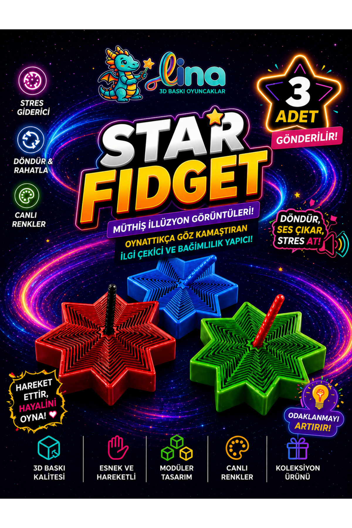 ümit toys Lina - Star Fidget Viral - Spiral İllüzyon Stres Oyuncağı