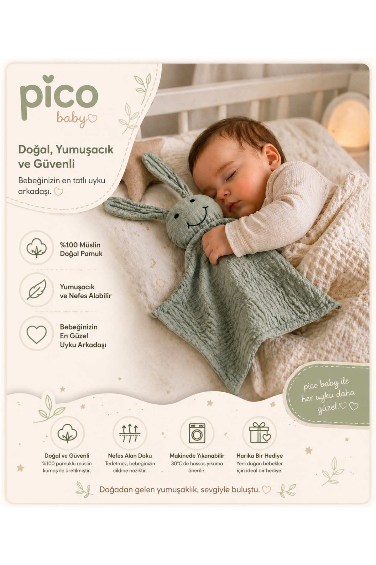 Pico Baby 0 Pamuk OEKO-TEX Sertifikalı Müslin Tavşan Uyku Arkadaşı