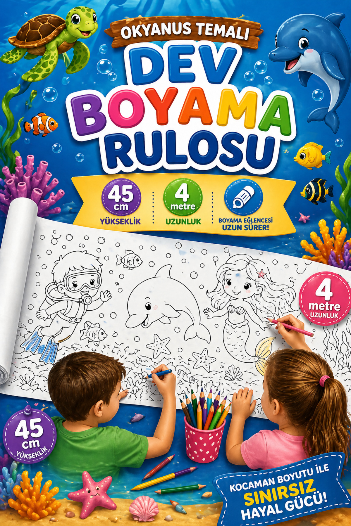 Haydi Dekor 🌊 Okyanus Temalı Dev Boyama Rulosu 45 cm x 4 Metre – Çocuklar Için Uzun Boyama Kağıdı, Eğitici ve Eğlenceli Aktivite Rulosu, Deniz Canlıları Boyama Seti, Büyük Boy Boyama Posteri