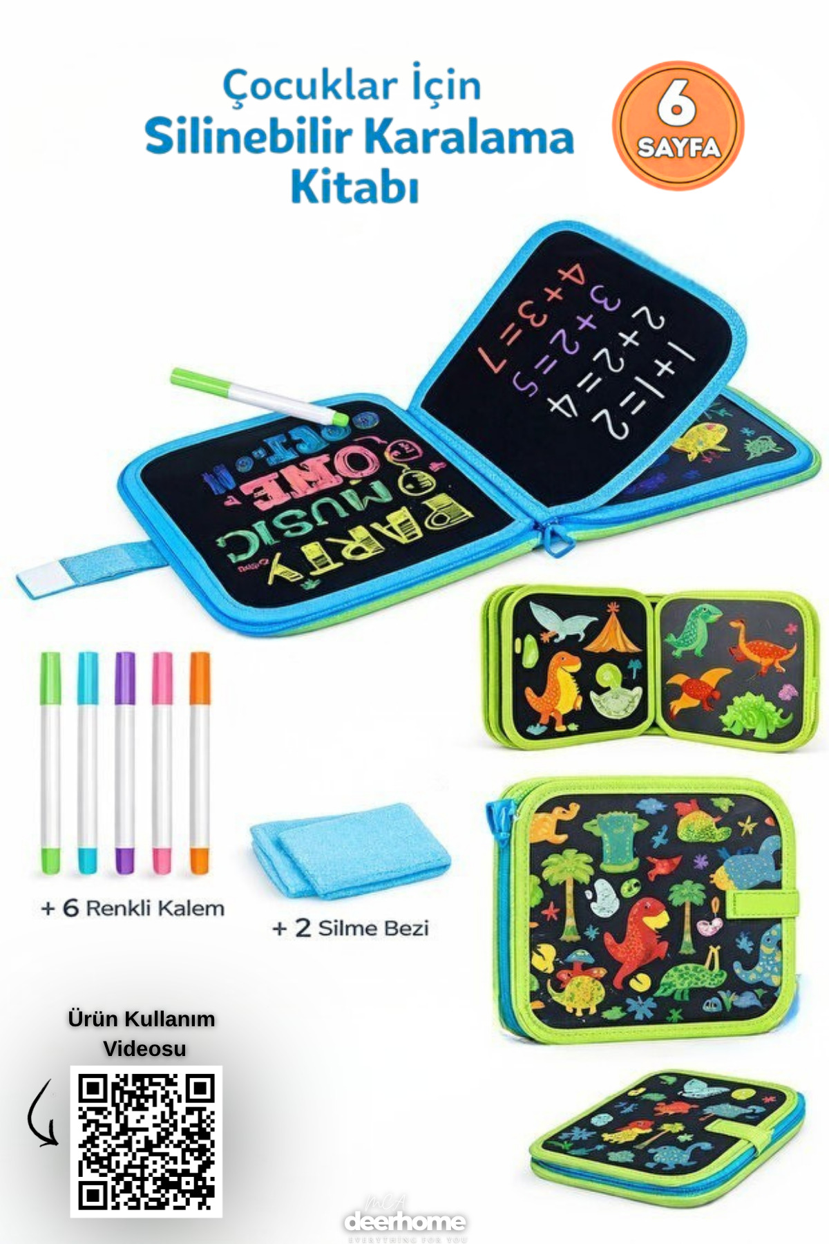 MCA Deerhome Silinebilir Doodle Çizim Defteri / 6 Adet Kalem ve 2 Adet Silme Bezi HEDİYE