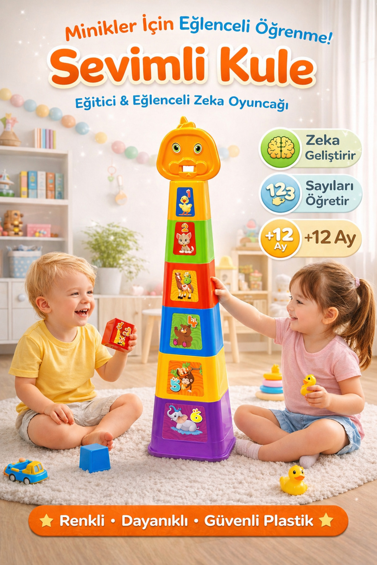 PAKİTO Sevimli Kule Eğitici Oyuncak Renkli Sayı Öğreten Bebek Kulesi +12 Ay