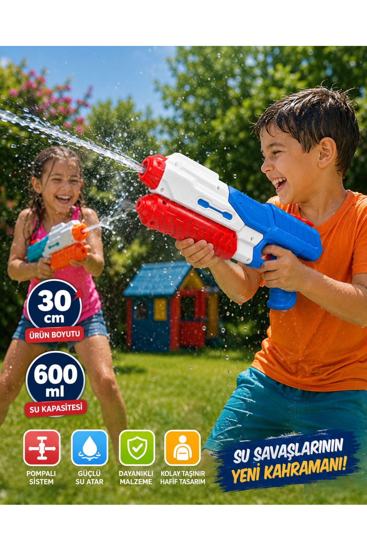 BYCEGU Oyuncak Pompalı Su Tabancası Yaz Günlerin Eğlencesi 30 cm 600 ml Su Kapasiteli