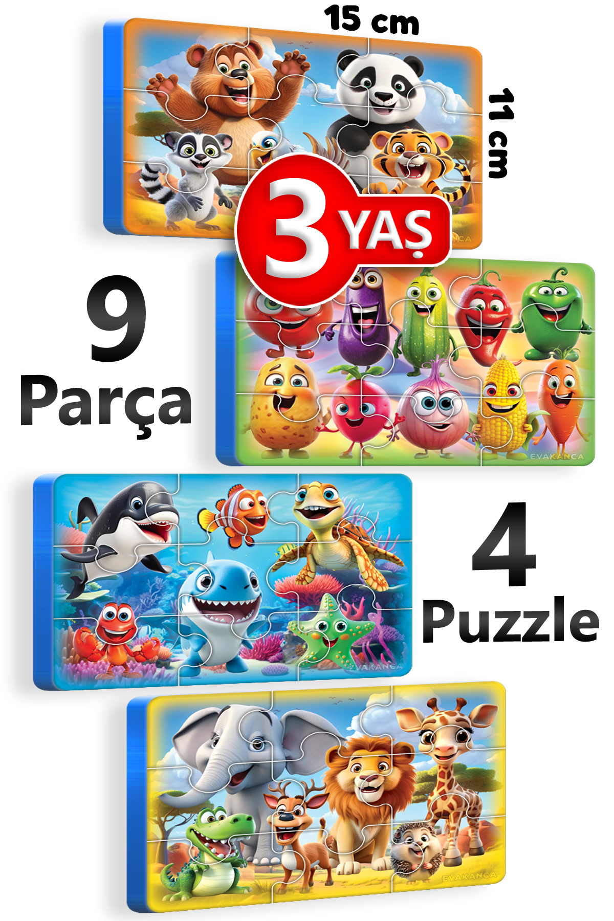 EVAKANCA 9 Parçalı 4 Adet Kalın Puzzle 2-3 Yaş Yapboz Yaban Deniz Hayvanları Sebzeler