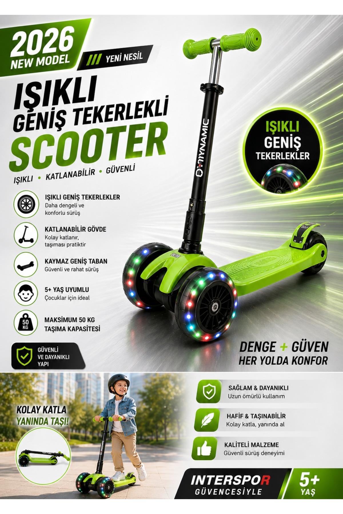 Dynamic YENİ MODEL KALIN TEKERLEK SCOOTER YESIL VEDE KIRMIZ