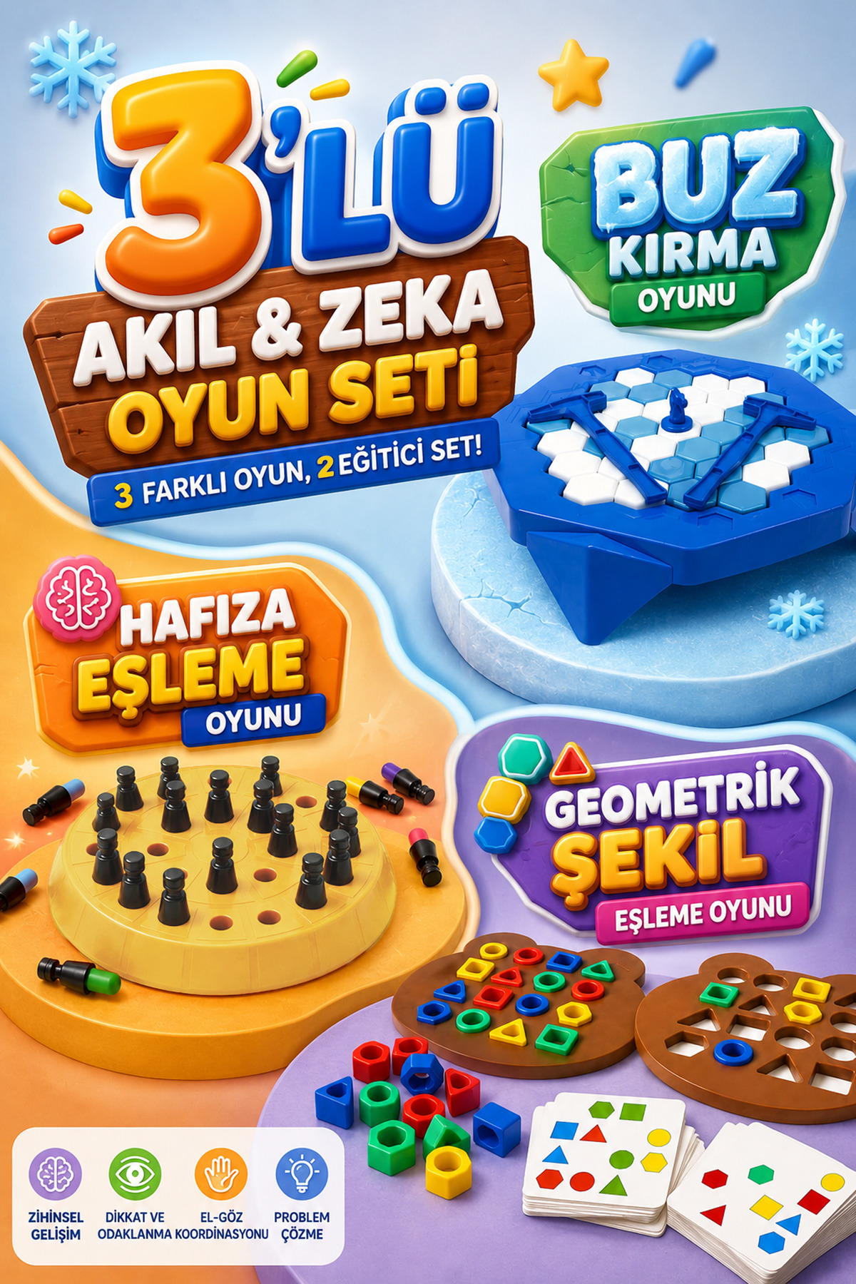 M&H 3'lü Oyun Seti - Buz Krallığı -Geometrik Şekil Eşleme Oyunu - Hafıza Eşleme Oyunu - Eğitici ve Öğretici Oyun Seti