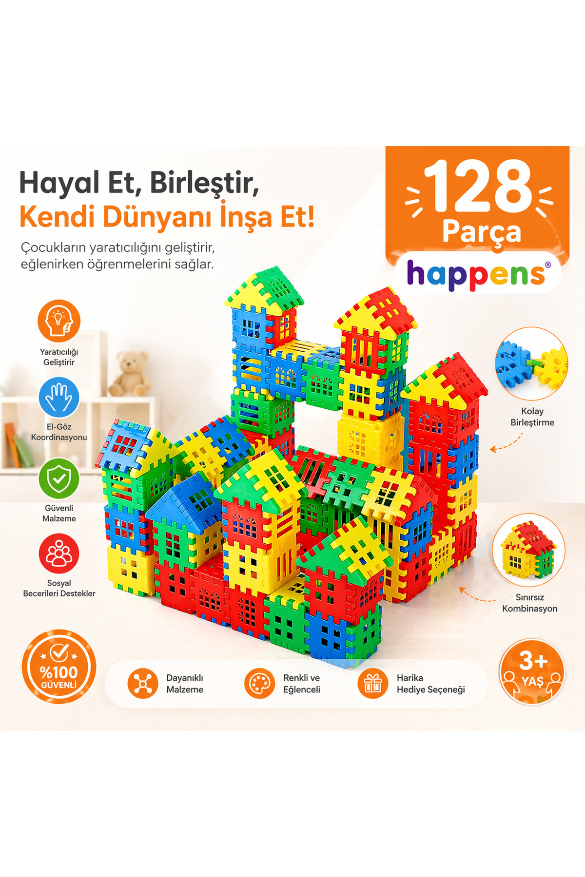 HAPPENS 128 Parça Puzzle City 3d Yapı Ve Tasarım Blokları Eğitici Oyuncak