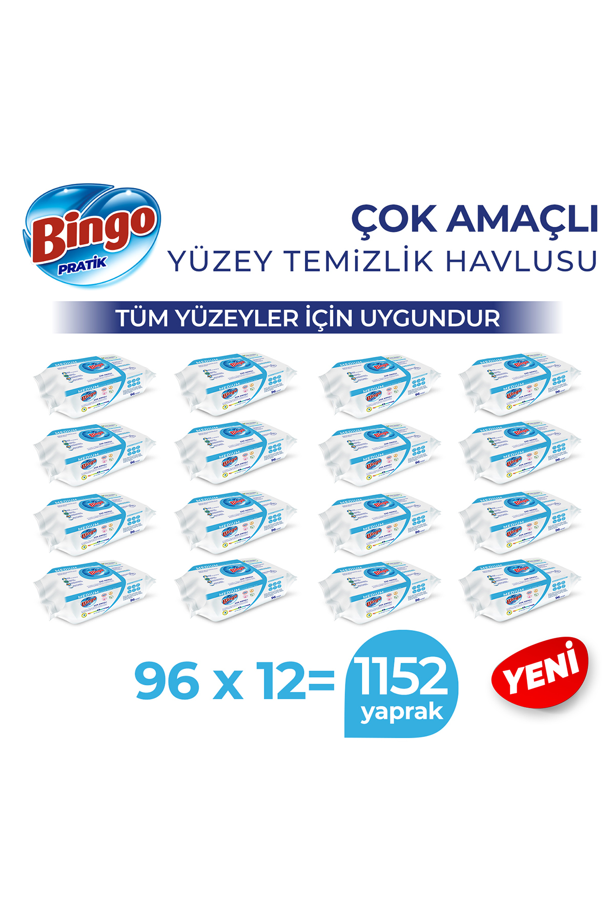 Bingo Yüzey Temizleme Havlusu Medium Beyaz Sabun Kokulu 96 Adetx12 (1152 Yaprak)