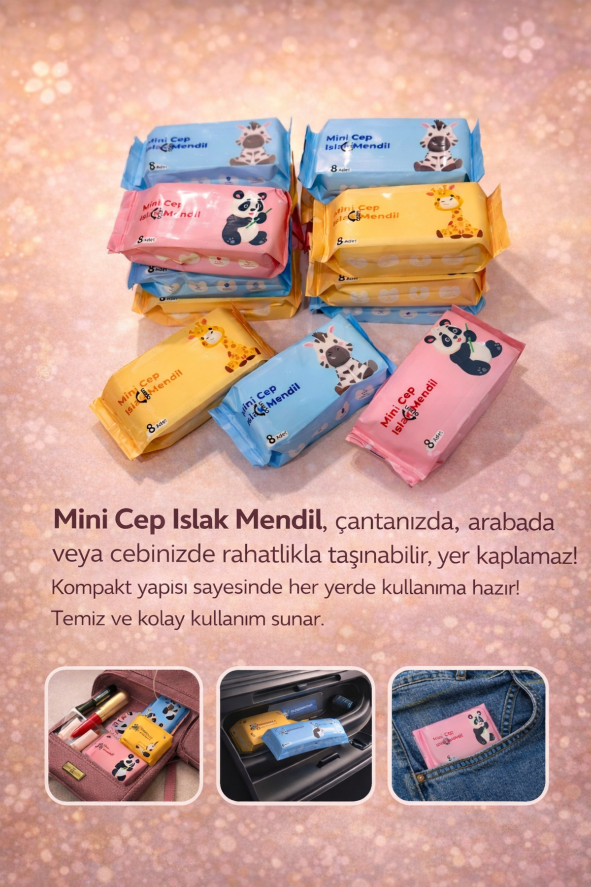 Mode Cool Taşınabilir Çanta Tipi Mini Islak Mendil – Cep Boy Hijyen Mendili (1 Paket) - Görsel 3